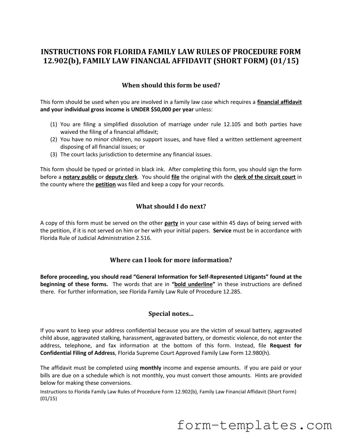 Fill Out a Valid Florida Financial Affidavit Short 12.902(b) Template