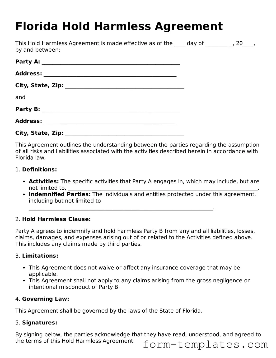 Printable Hold Harmless Agreement Form for the State of Florida