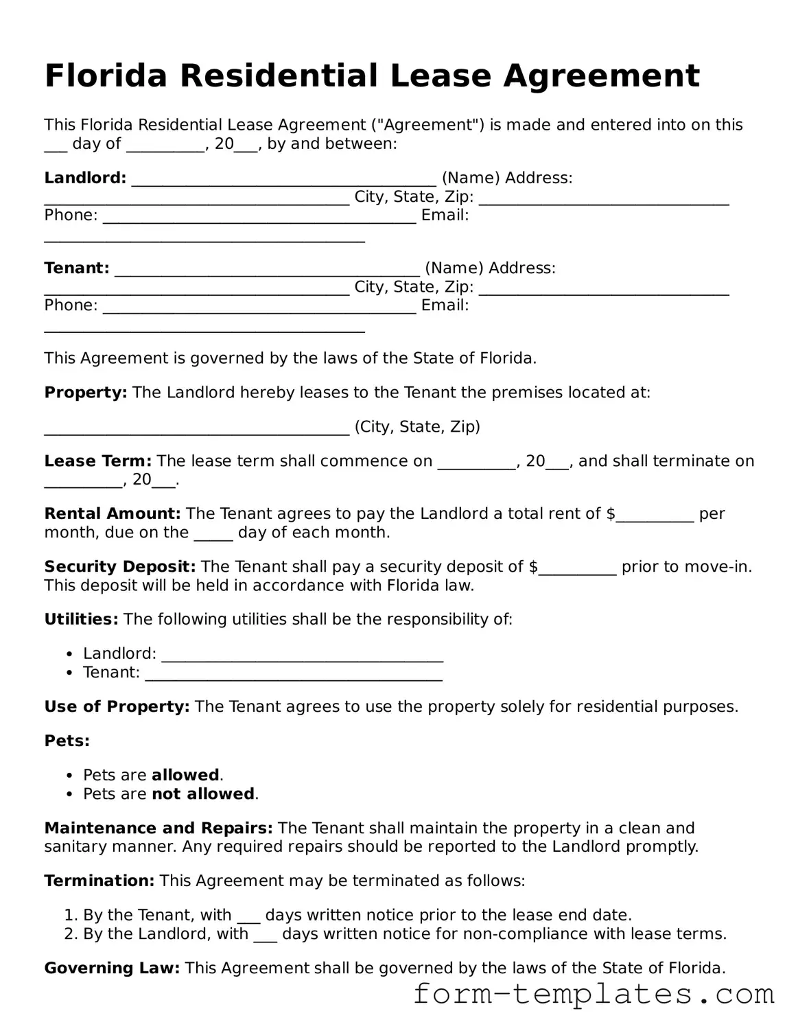 Printable Residential Lease Agreement Form for the State of Florida
