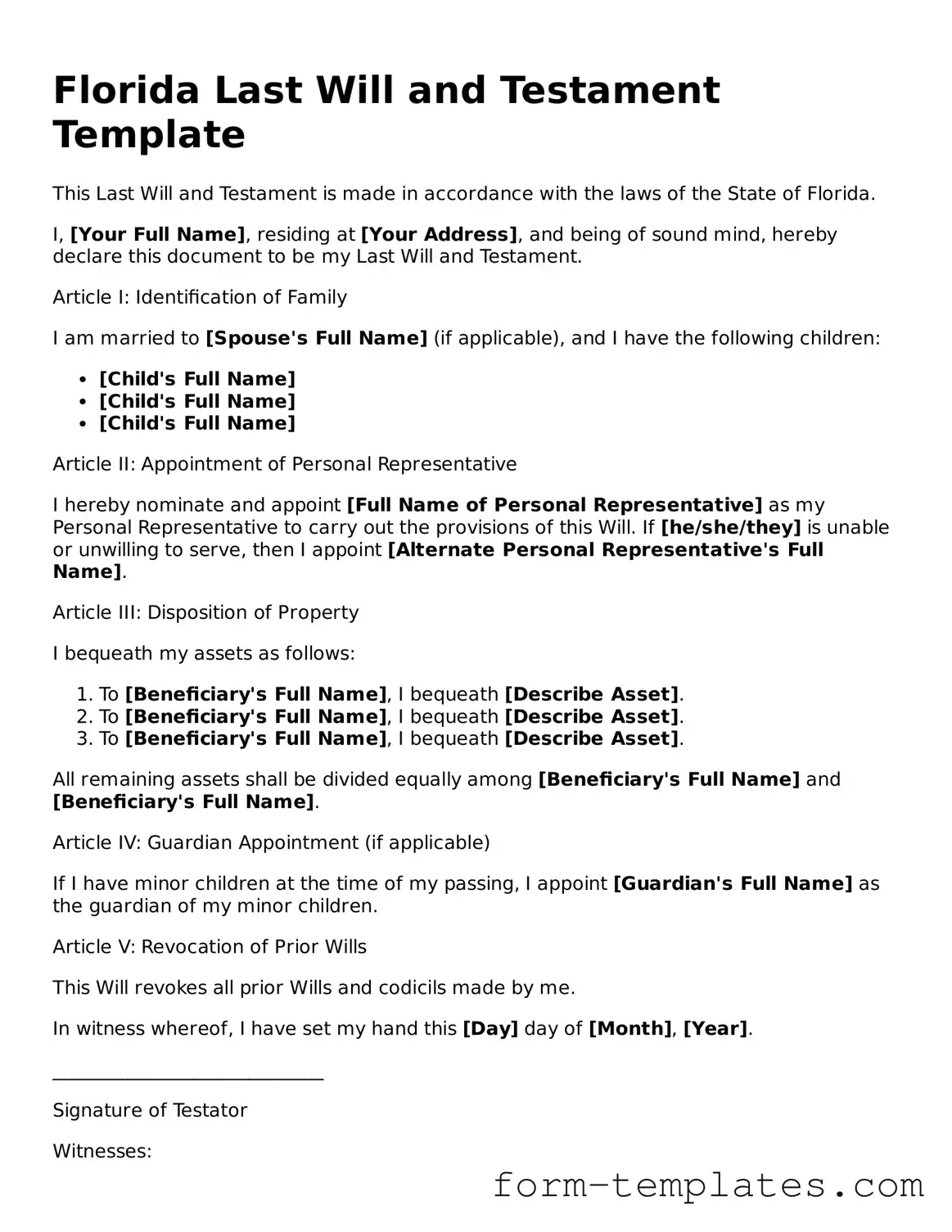Printable Last Will and Testament Form for the State of Florida