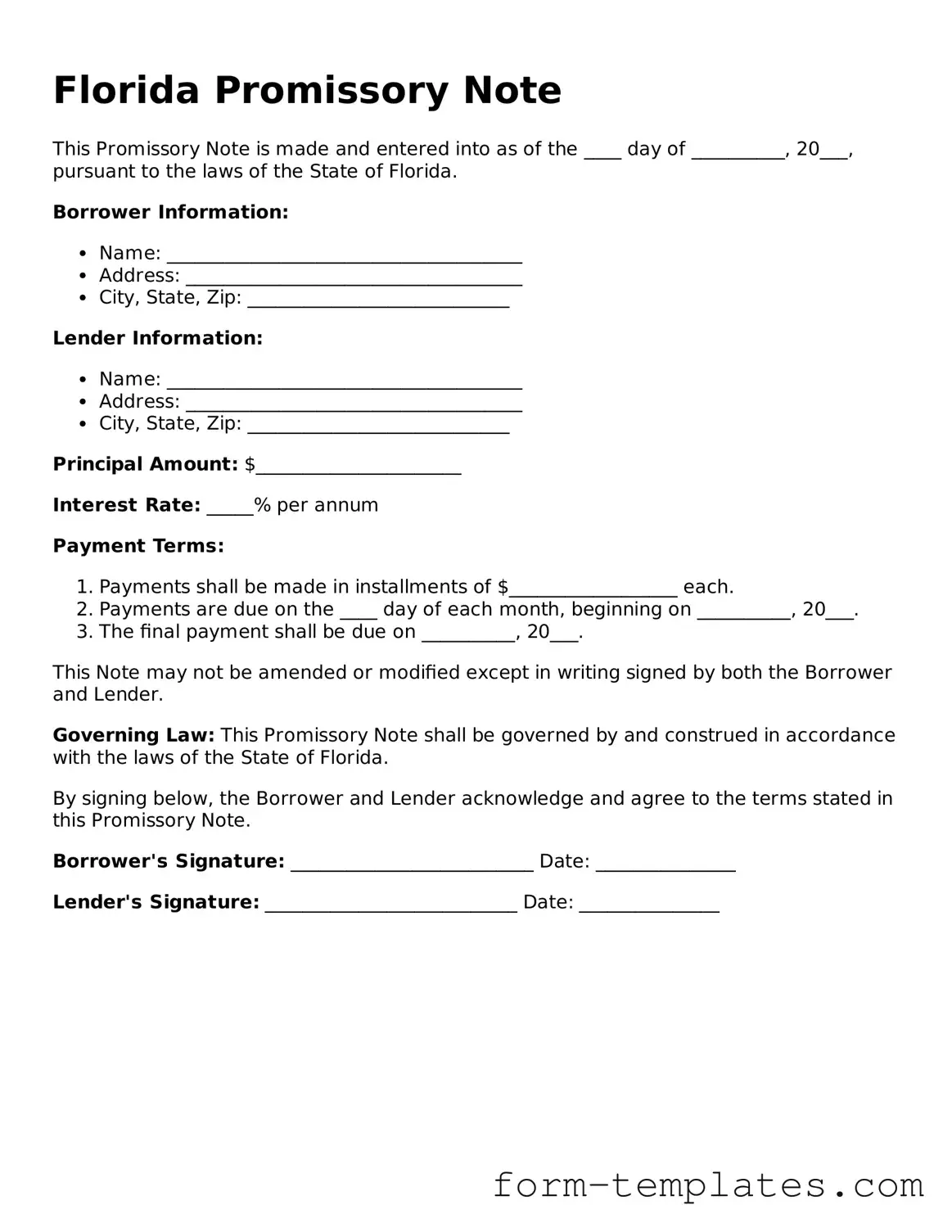 Printable Promissory Note Form for the State of Florida