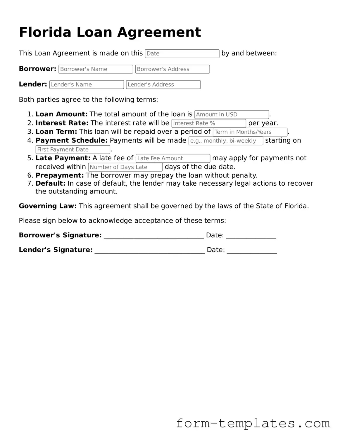 Printable Loan Agreement Form for the State of Florida
