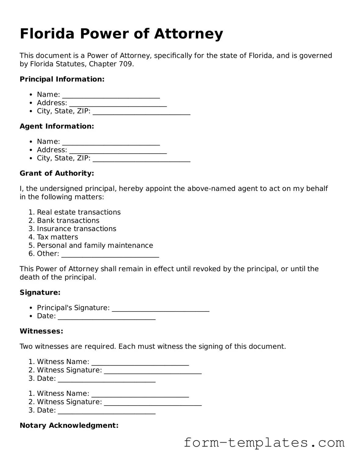 Printable Power of Attorney Form for the State of Florida