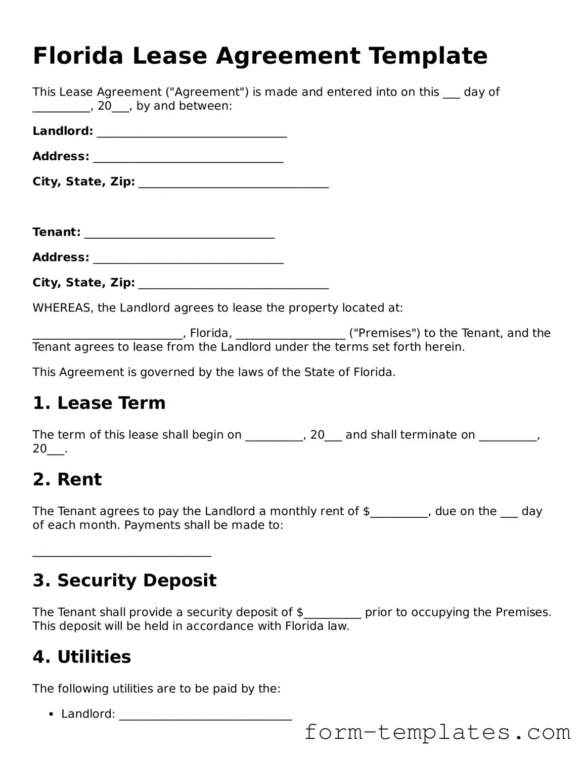Printable Lease Agreement Form for the State of Florida