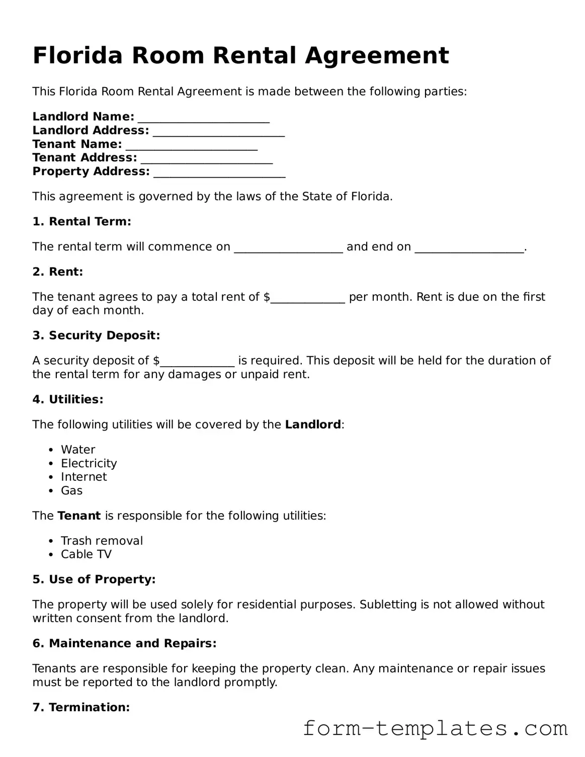 Printable Room Rental Agreement Form for the State of Florida