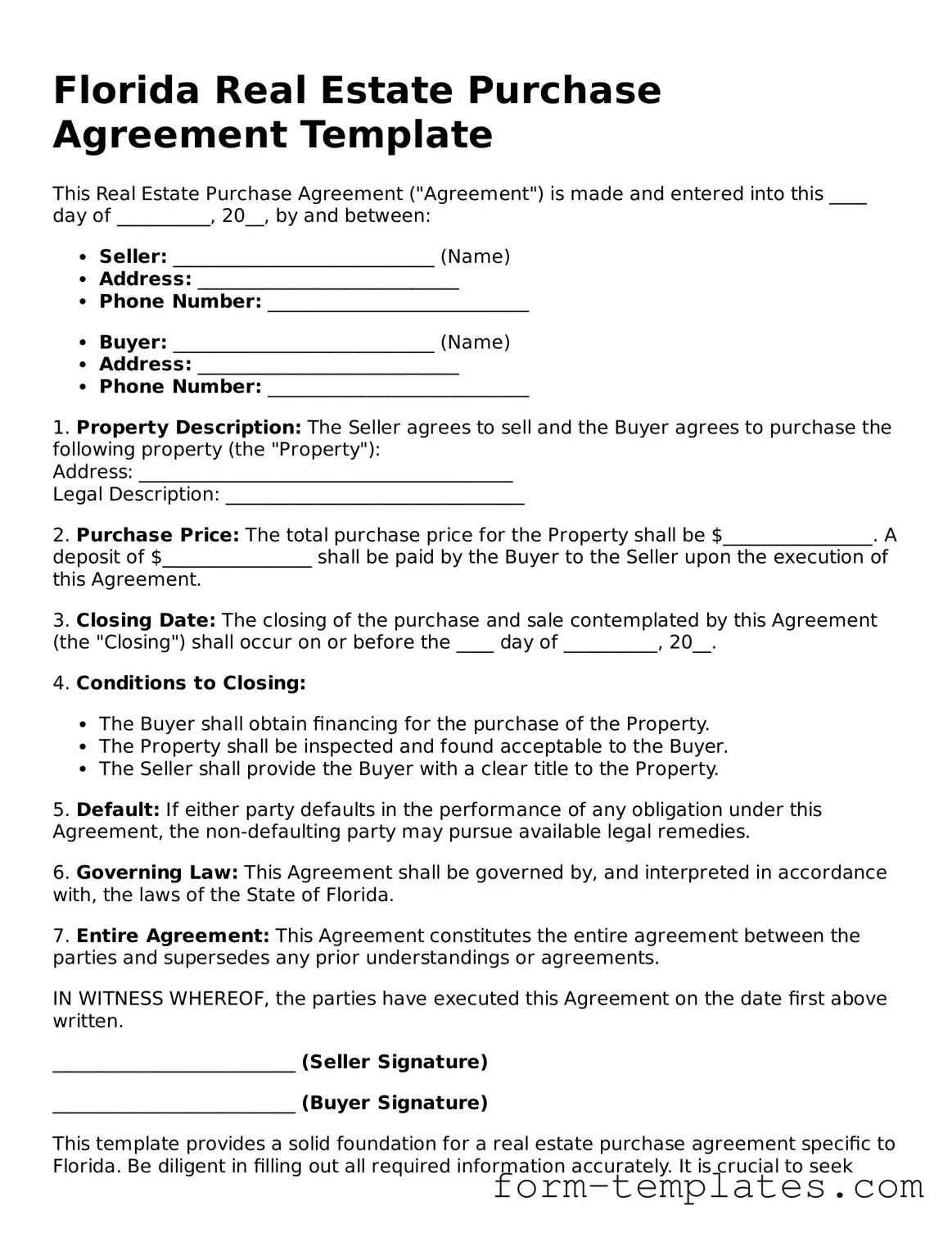 Printable Real Estate Purchase Agreement Form for the State of Florida