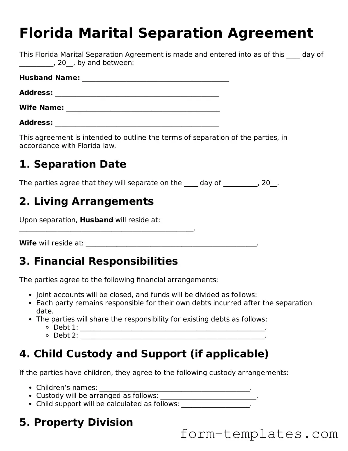 Printable Marital Separation Agreement Form for the State of Florida