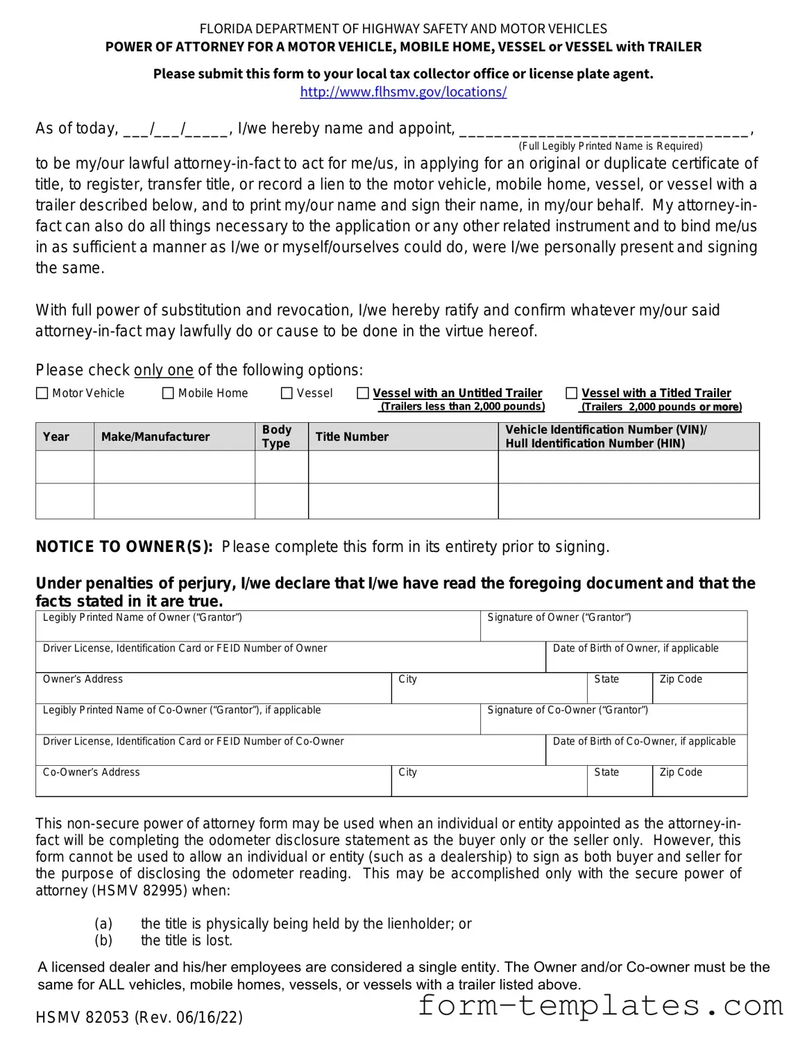 Fill Out a Valid Florida Vehicle POA form 82053 Template