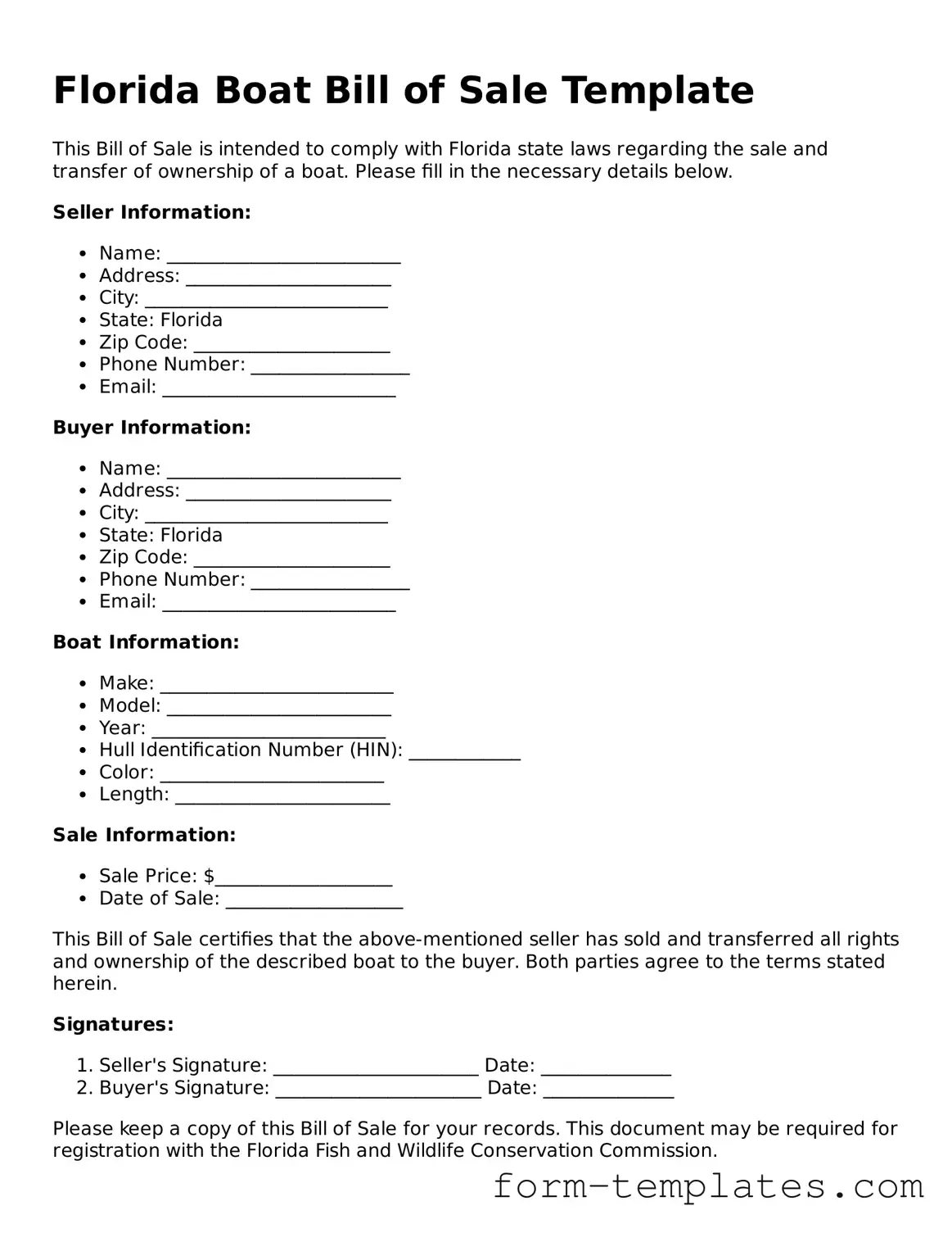 Printable Boat Bill of Sale Form for the State of Florida