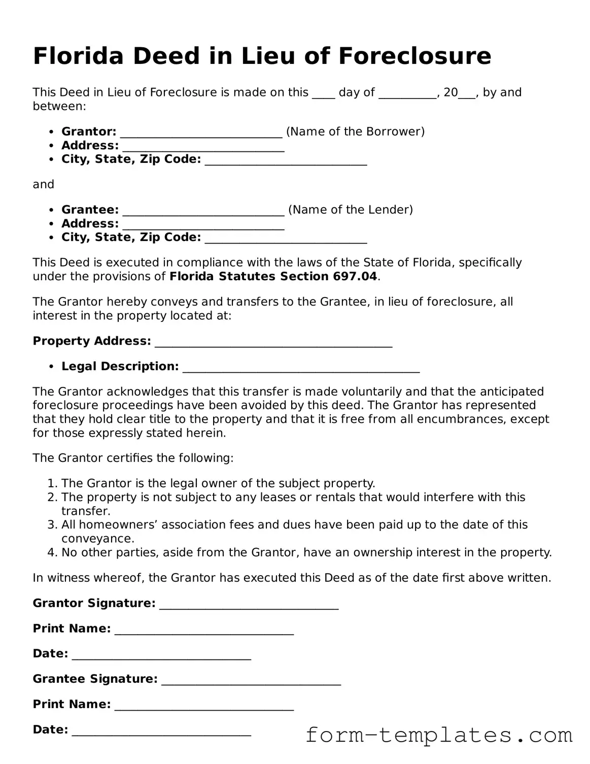 Printable Deed in Lieu of Foreclosure Form for the State of Florida