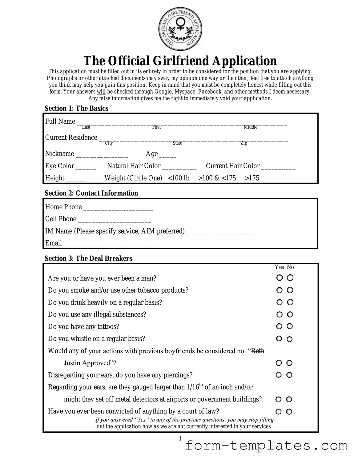 Fill Out a Valid Girlfriend Application Template