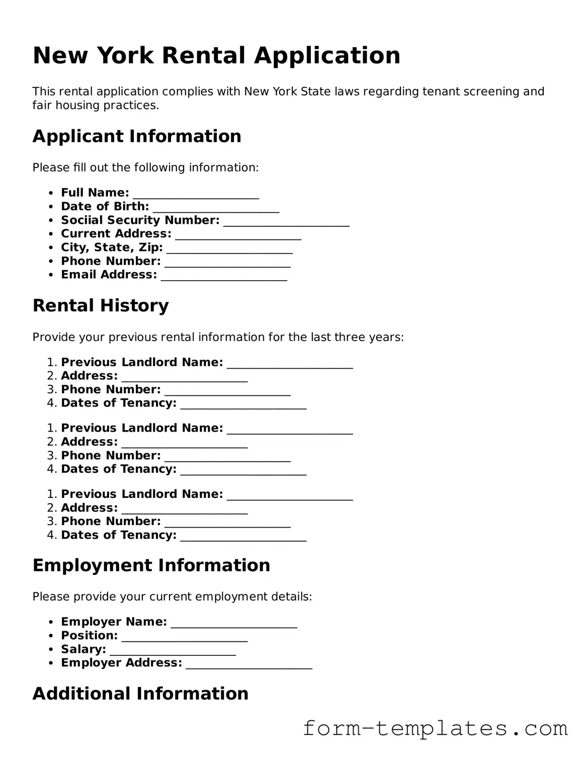 Printable Rental Application Form for the State of New York