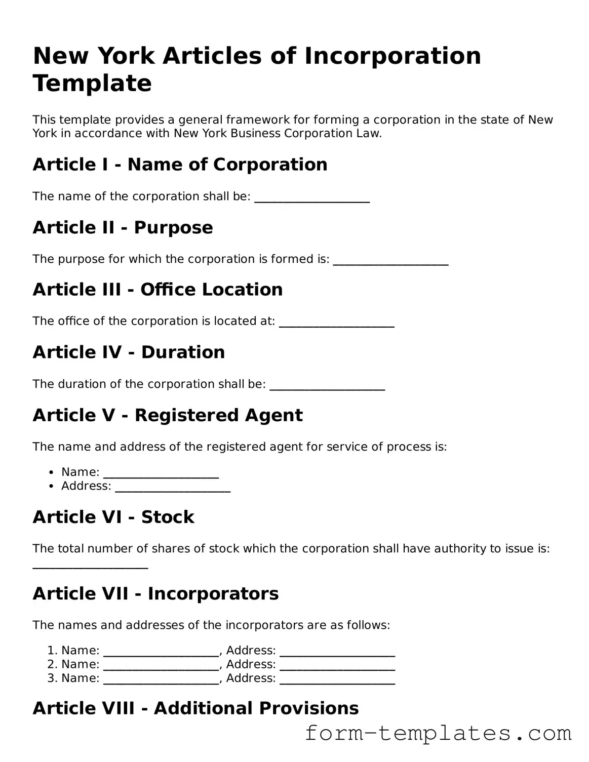 Printable Articles of Incorporation Form for the State of New York