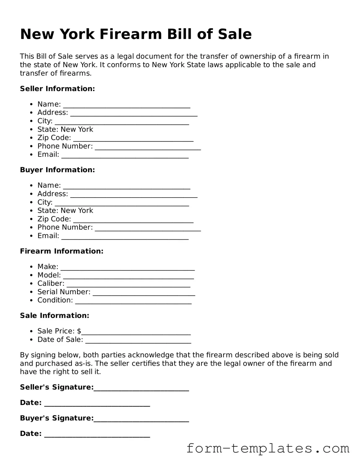 Printable Firearm Bill of Sale Form for the State of New York