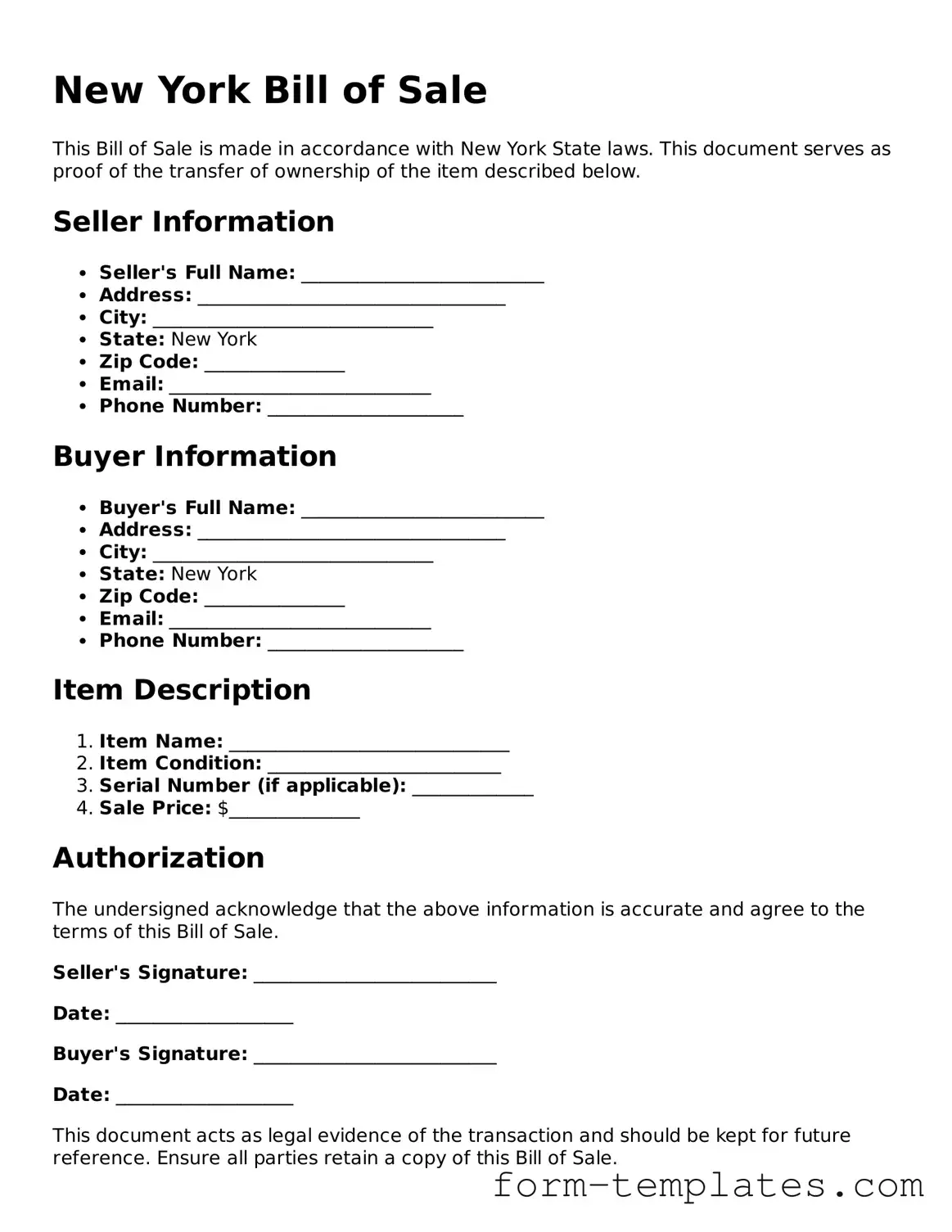 Printable Bill of Sale Form for the State of New York