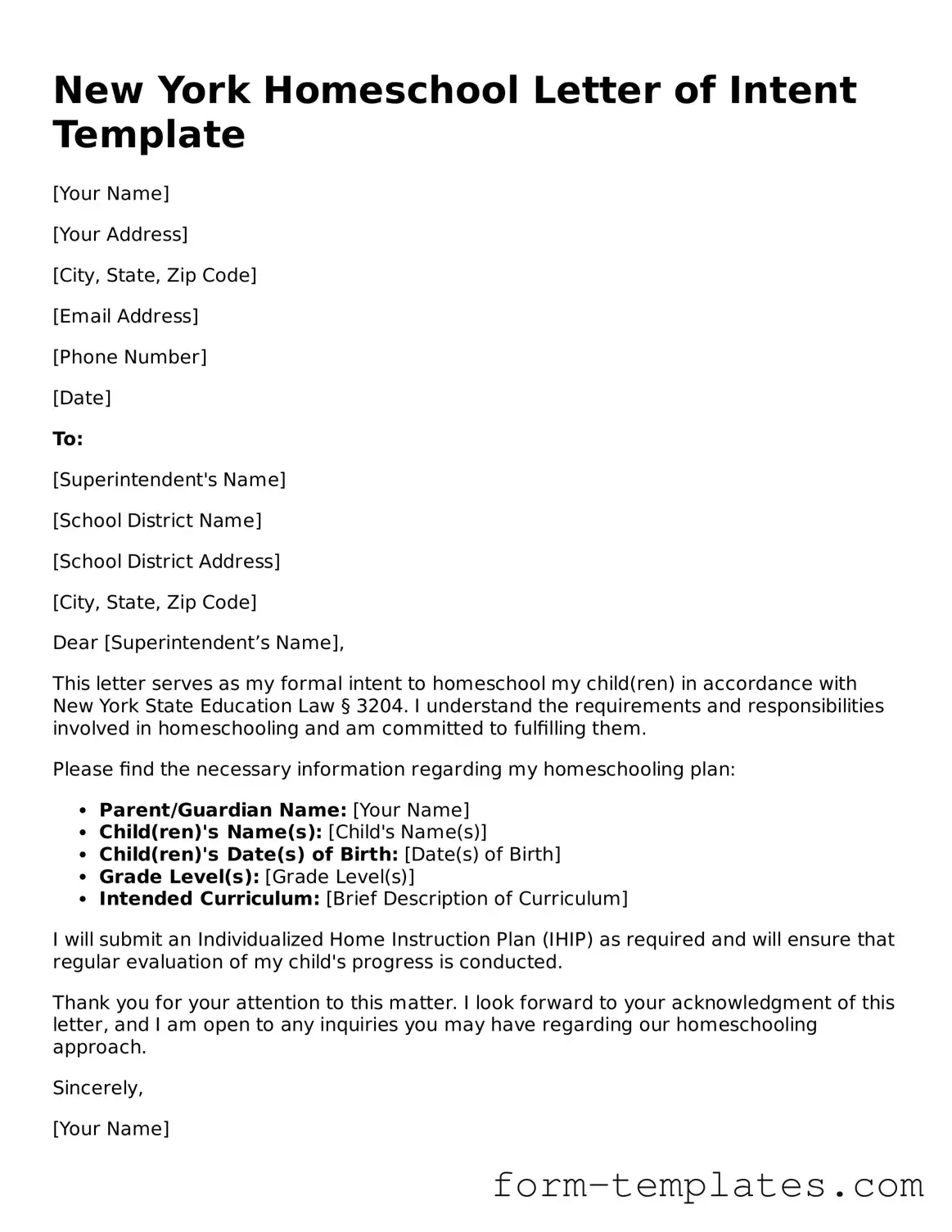 Printable Homeschool Letter of Intent Form for the State of New York
