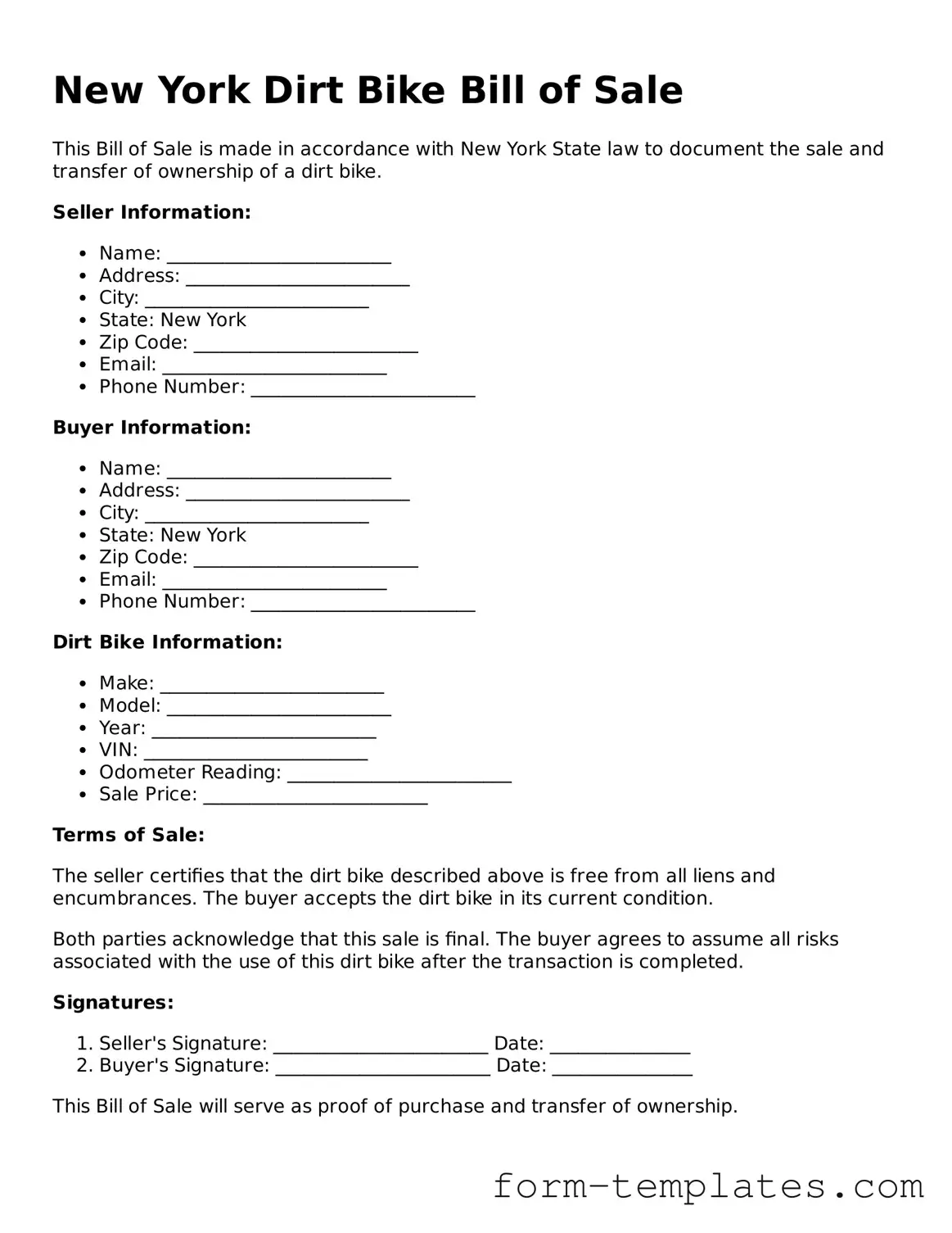Printable Dirt Bike Bill of Sale Form for the State of New York