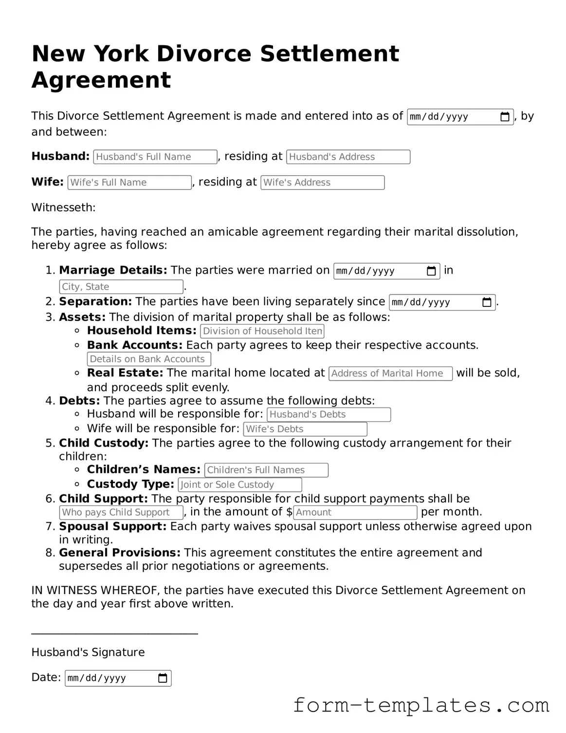 Printable Divorce Settlement Agreement Form for the State of New York