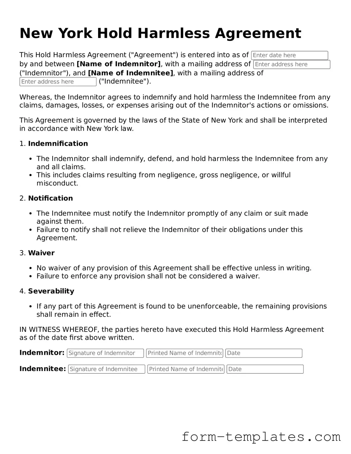 Printable Hold Harmless Agreement Form for the State of New York