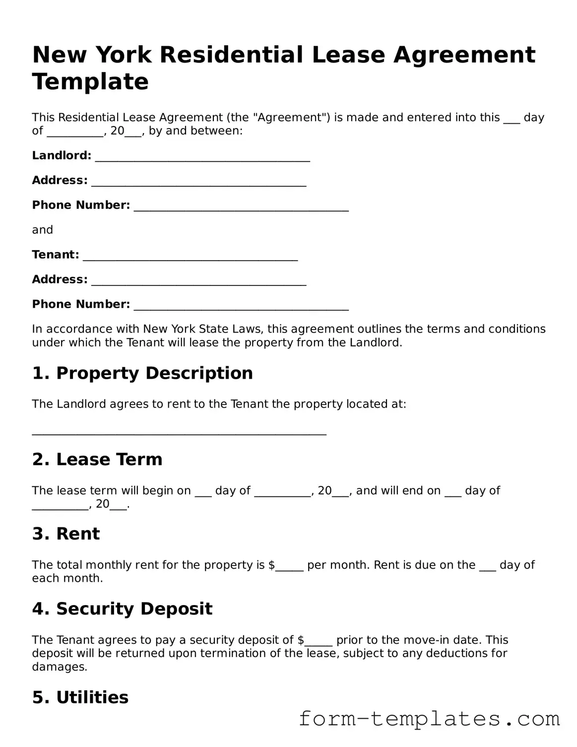 Printable Residential Lease Agreement Form for the State of New York