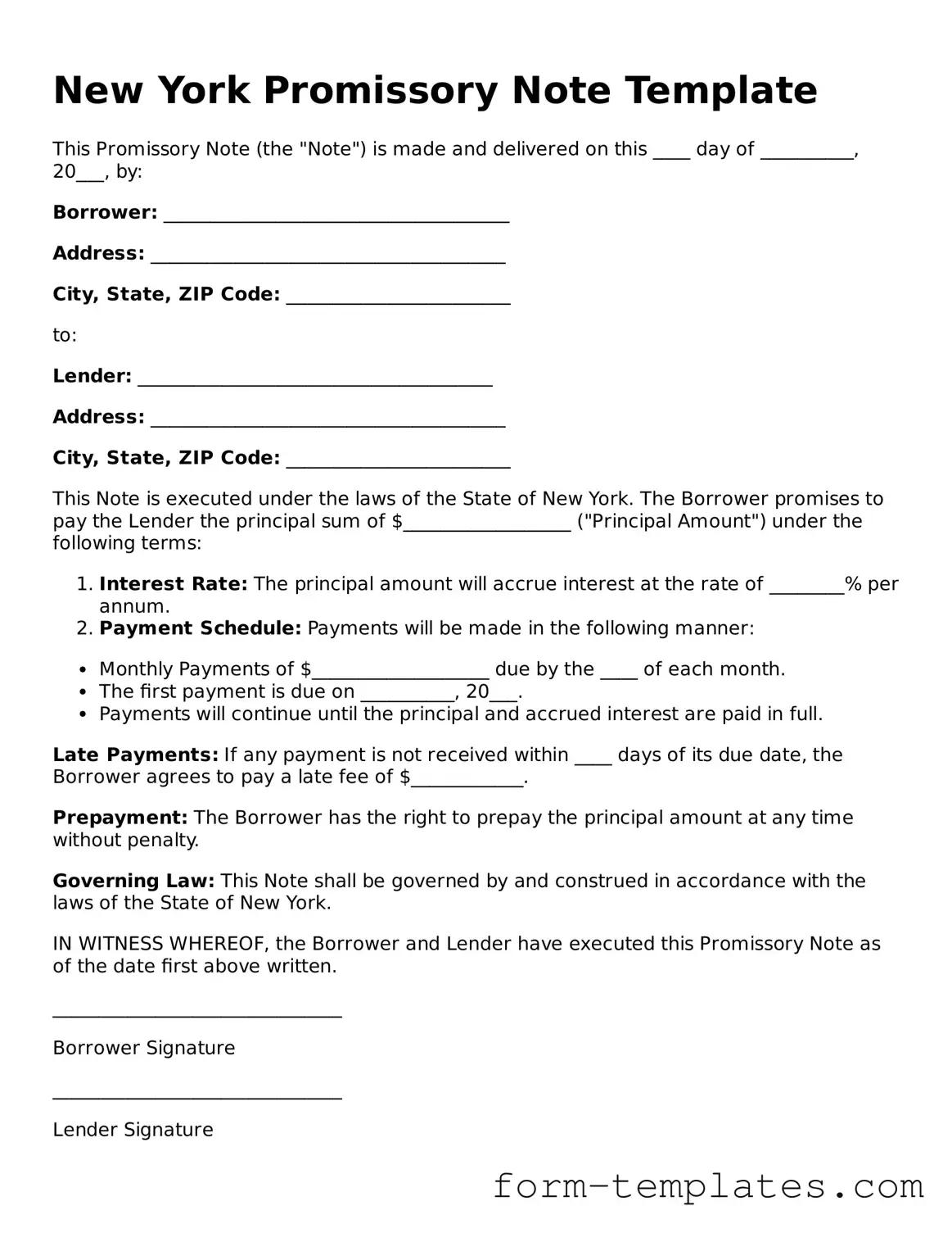 Printable Promissory Note Form for the State of New York