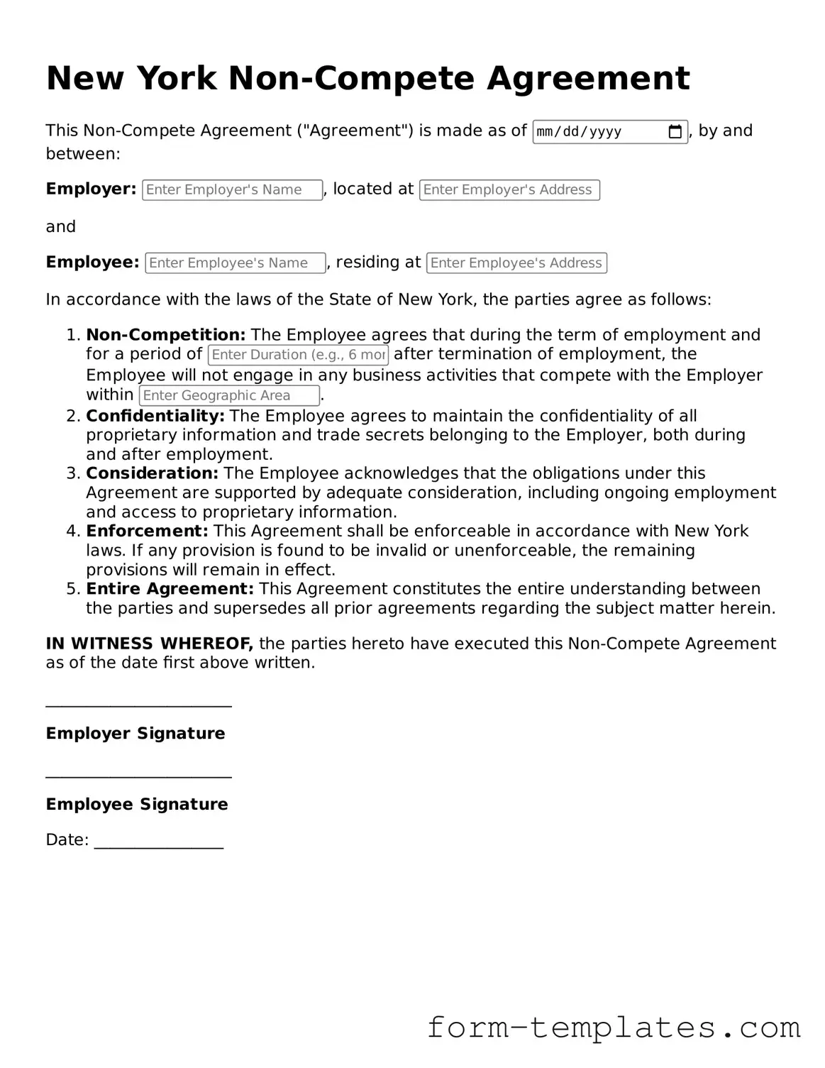 Printable Non-compete Agreement Form for the State of New York
