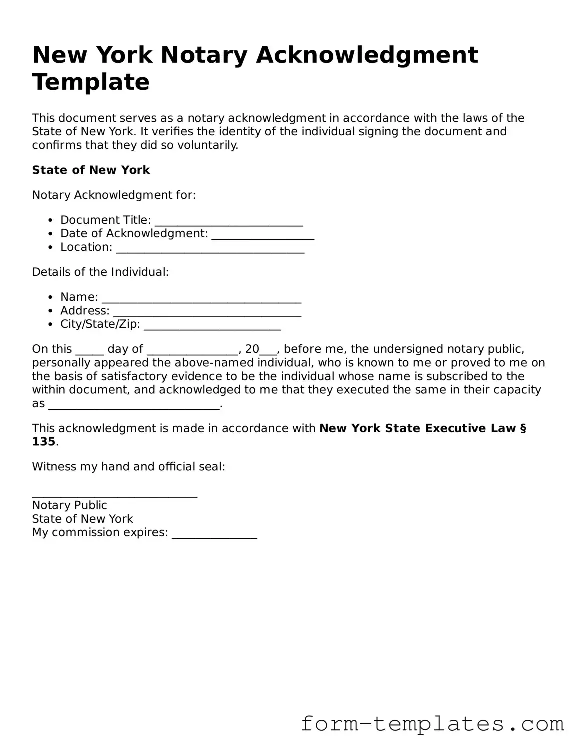 Printable Notary Acknowledgement Form for the State of New York
