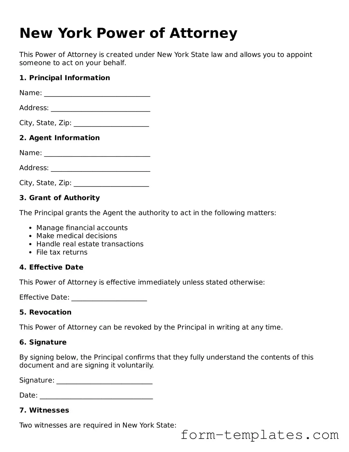 Printable Power of Attorney Form for the State of New York