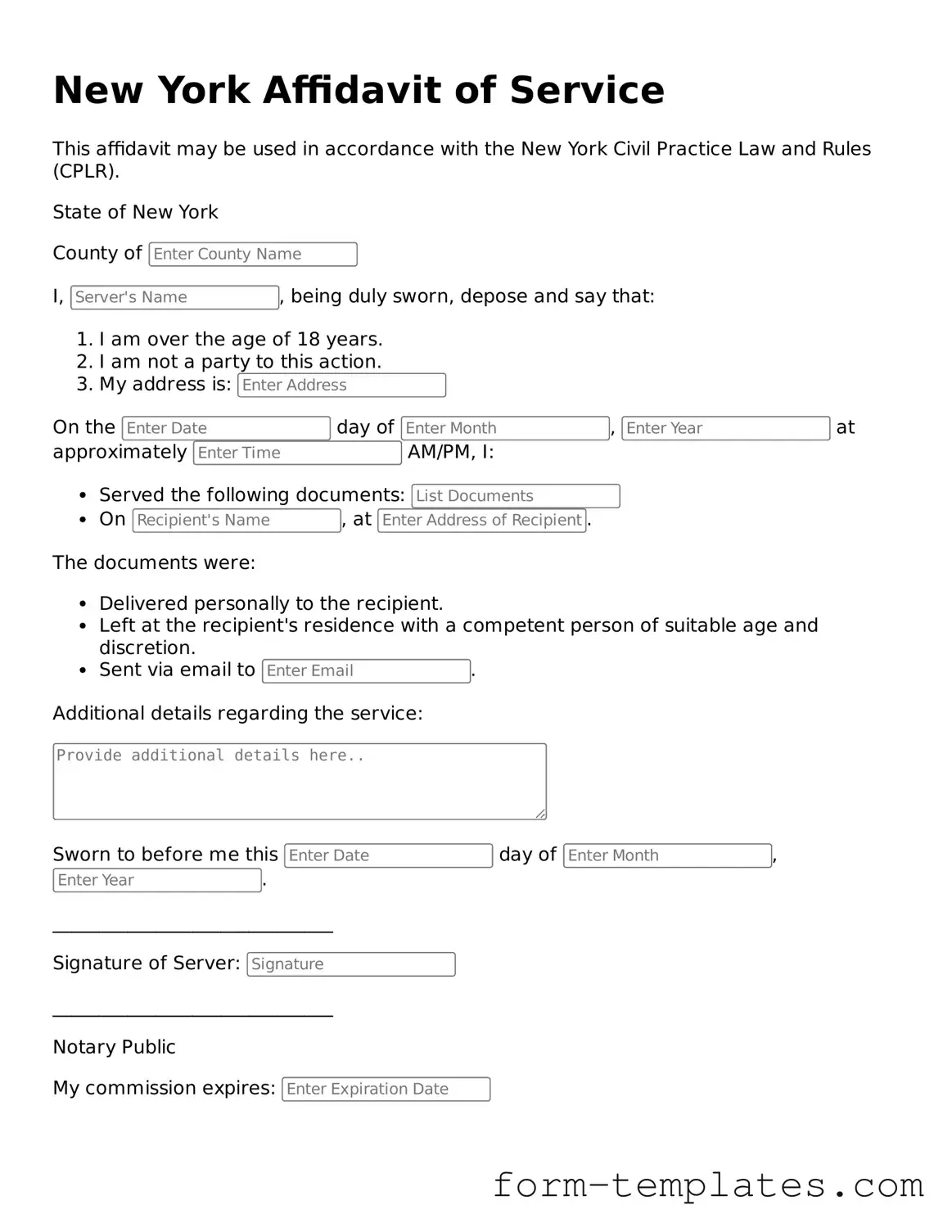 Printable Affidavit of Service Form for the State of New York