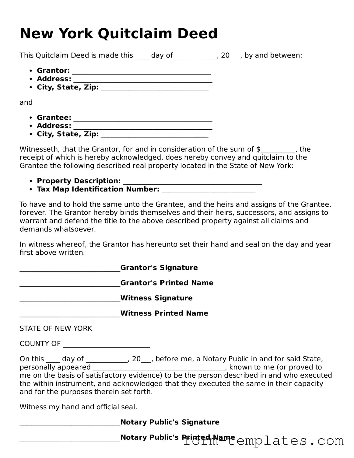 Printable Quitclaim Deed Form for the State of New York