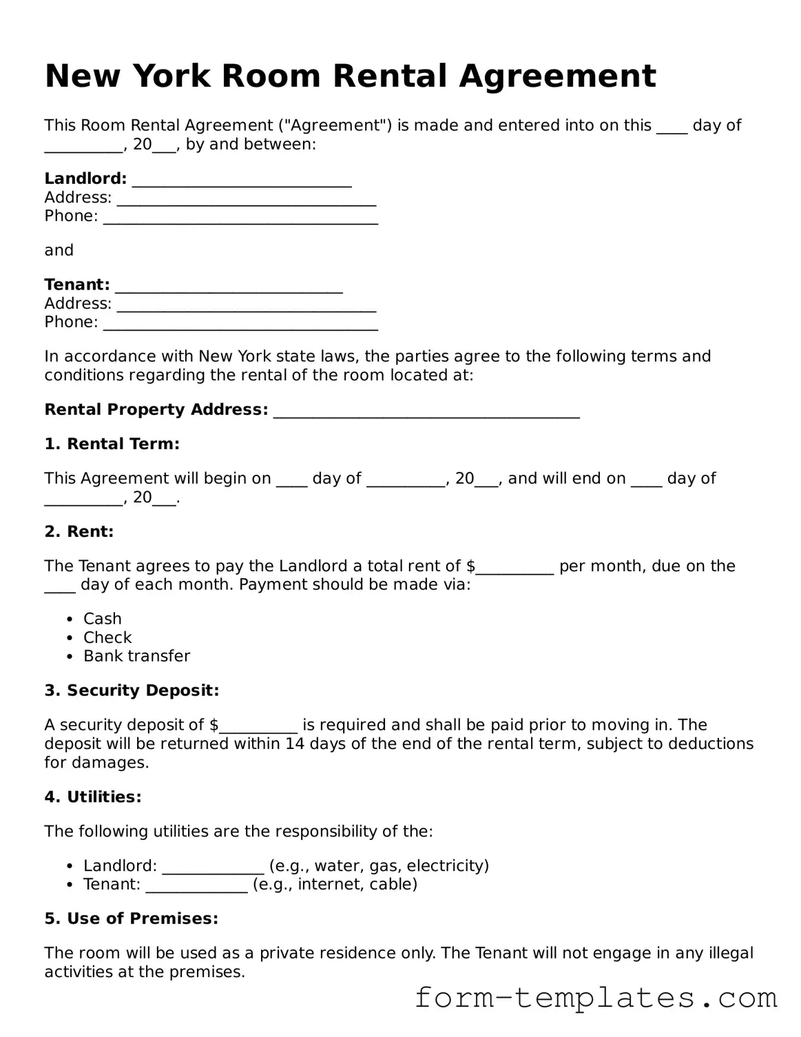 Printable Room Rental Agreement Form for the State of New York