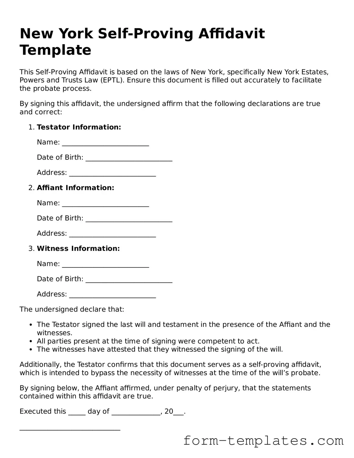 Printable Self-Proving Affidavit Form for the State of New York