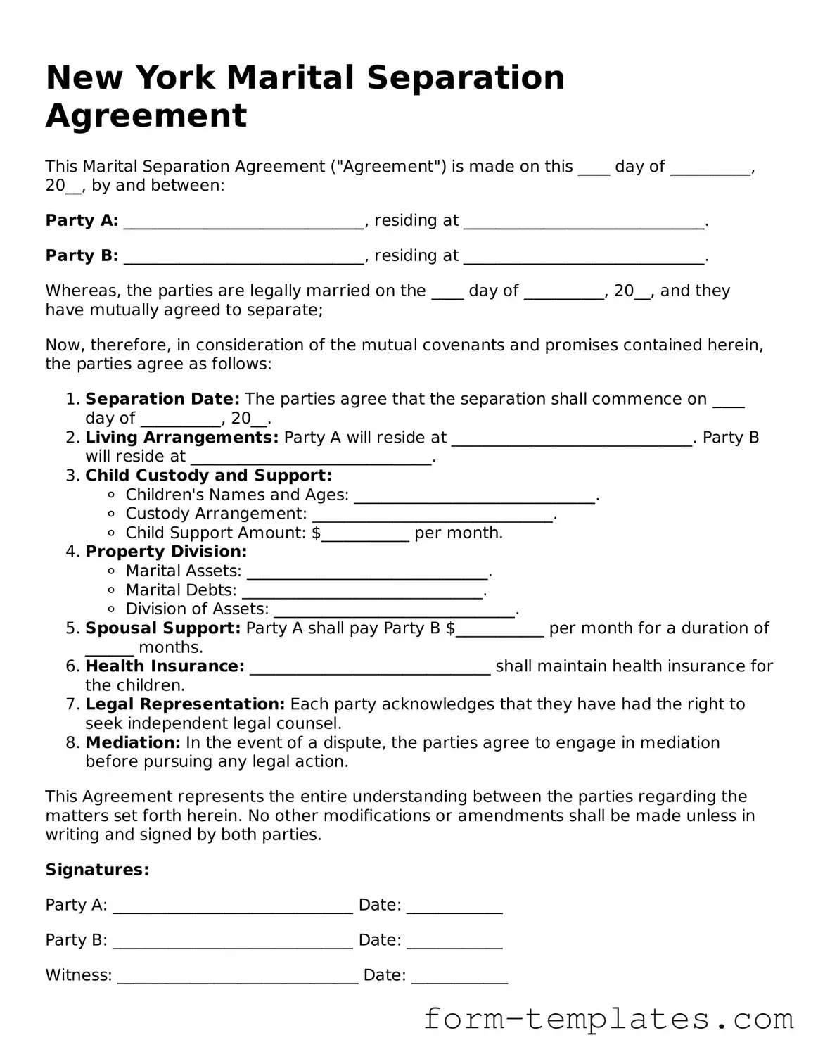 Printable Marital Separation Agreement Form for the State of New York