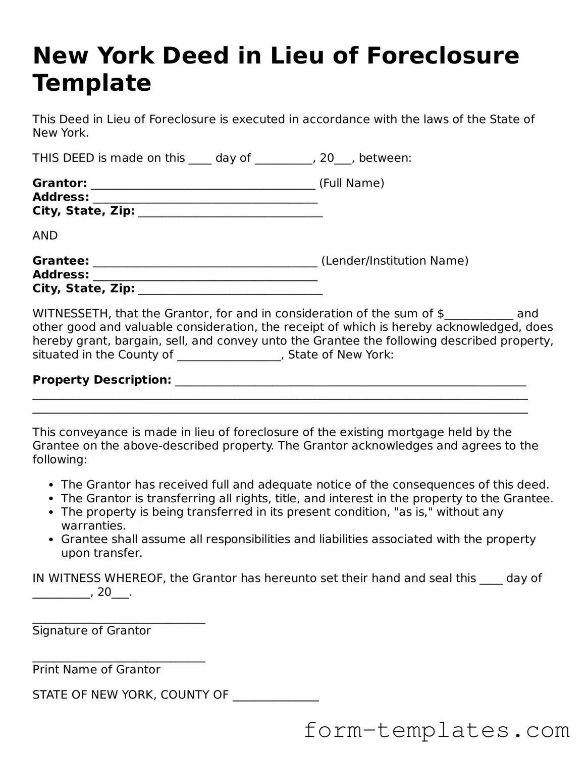 Printable Deed in Lieu of Foreclosure Form for the State of New York
