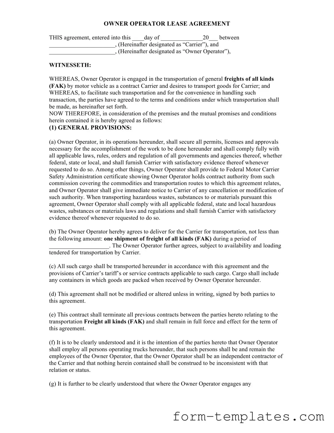 Fill Out a Valid Owner Operator Lease Agreement Template