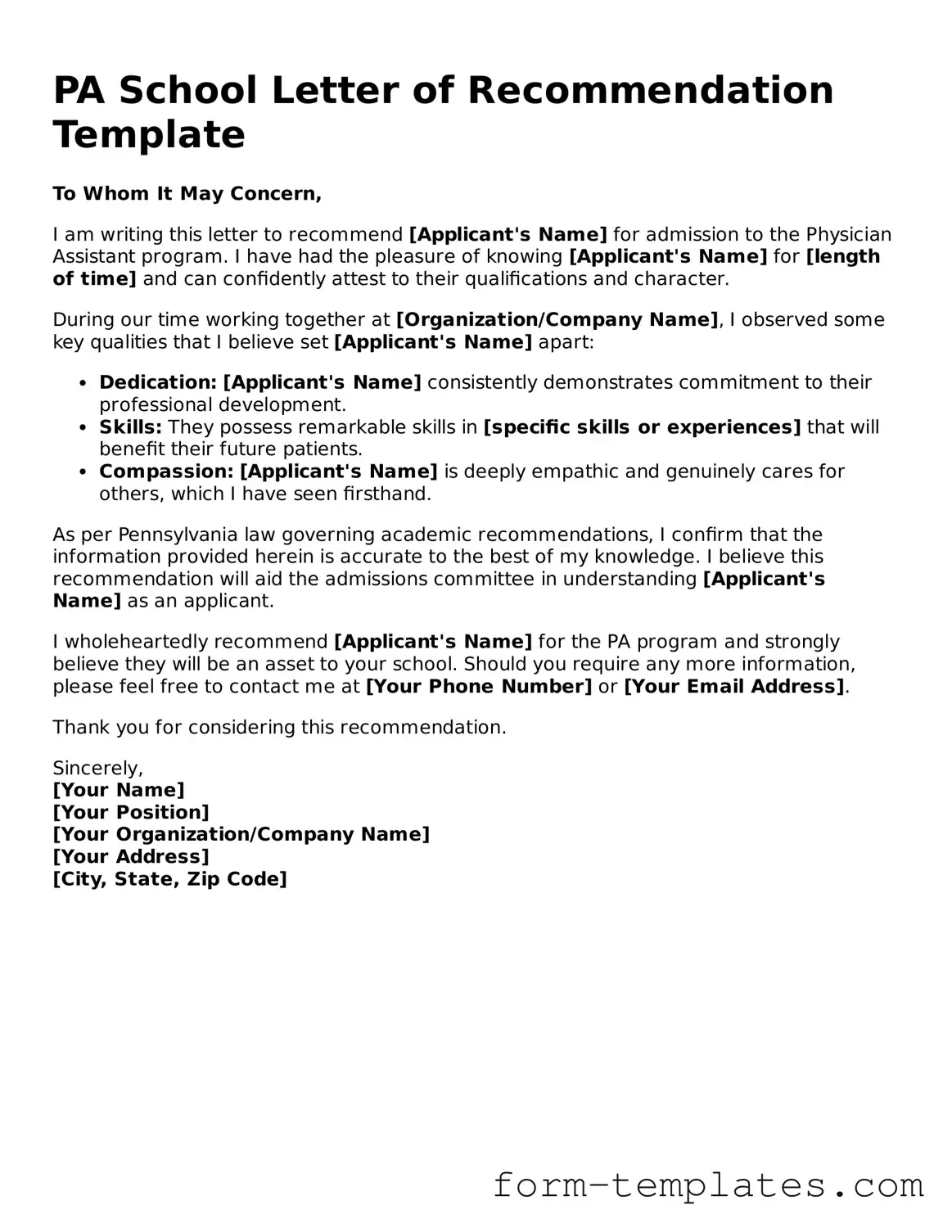 Attorney-Approved PA School Letter of Recommendation Document