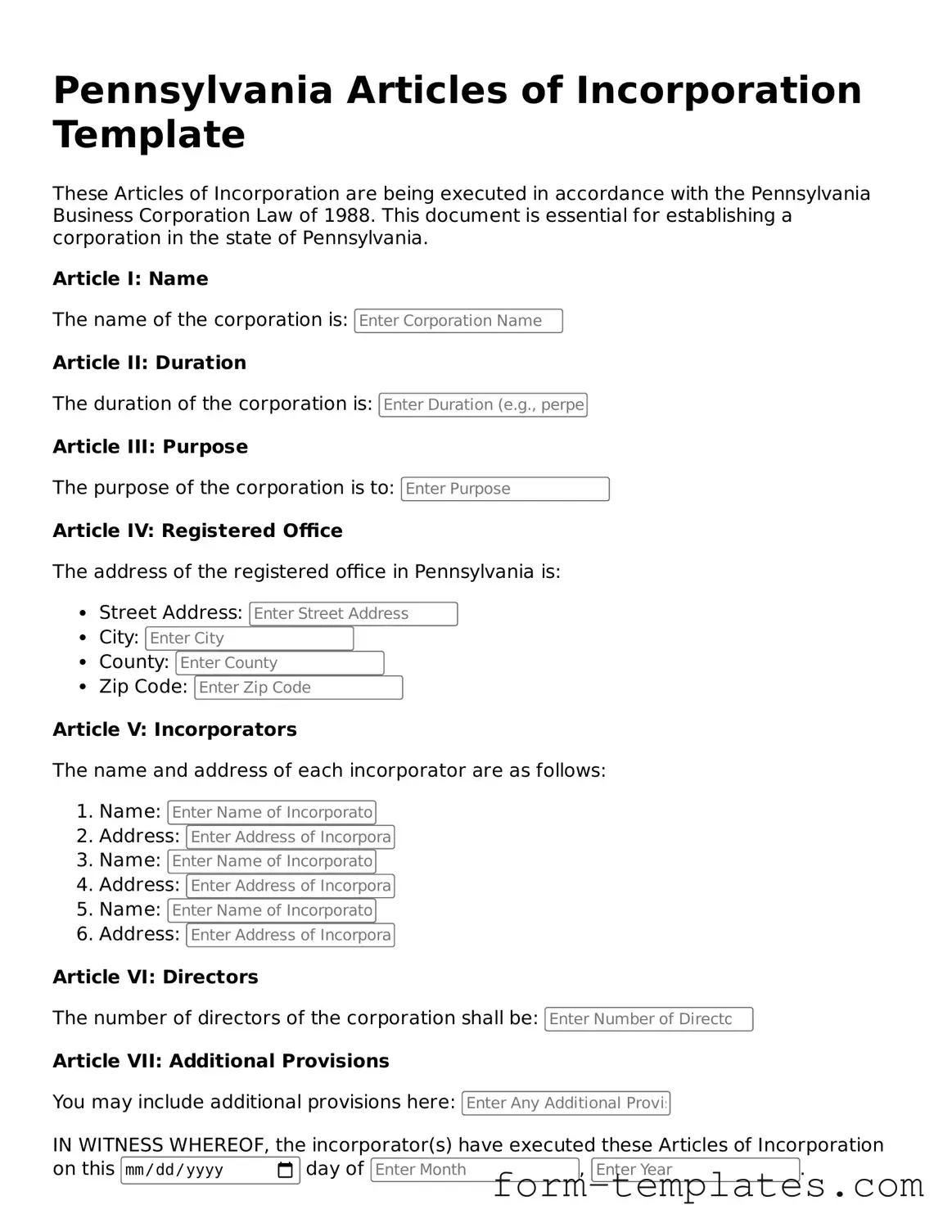 Printable Articles of Incorporation Form for the State of Pennsylvania