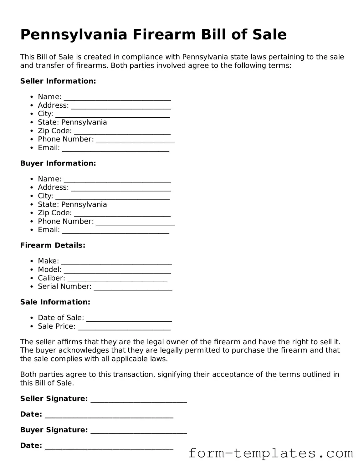 Printable Firearm Bill of Sale Form for the State of Pennsylvania