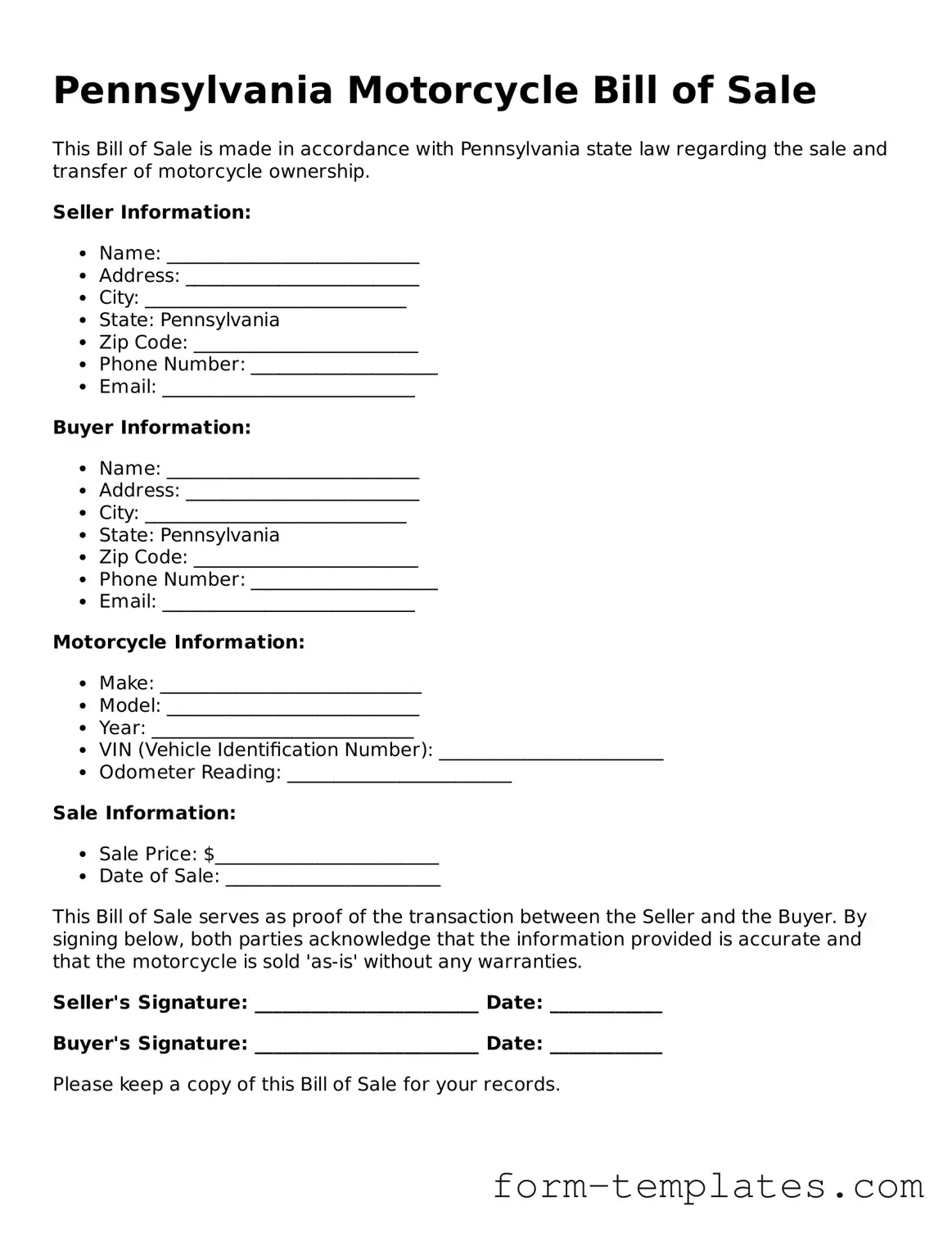 Printable Motorcycle Bill of Sale Form for the State of Pennsylvania