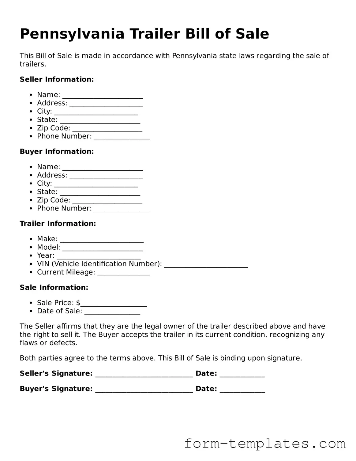 Printable Trailer Bill of Sale Form for the State of Pennsylvania