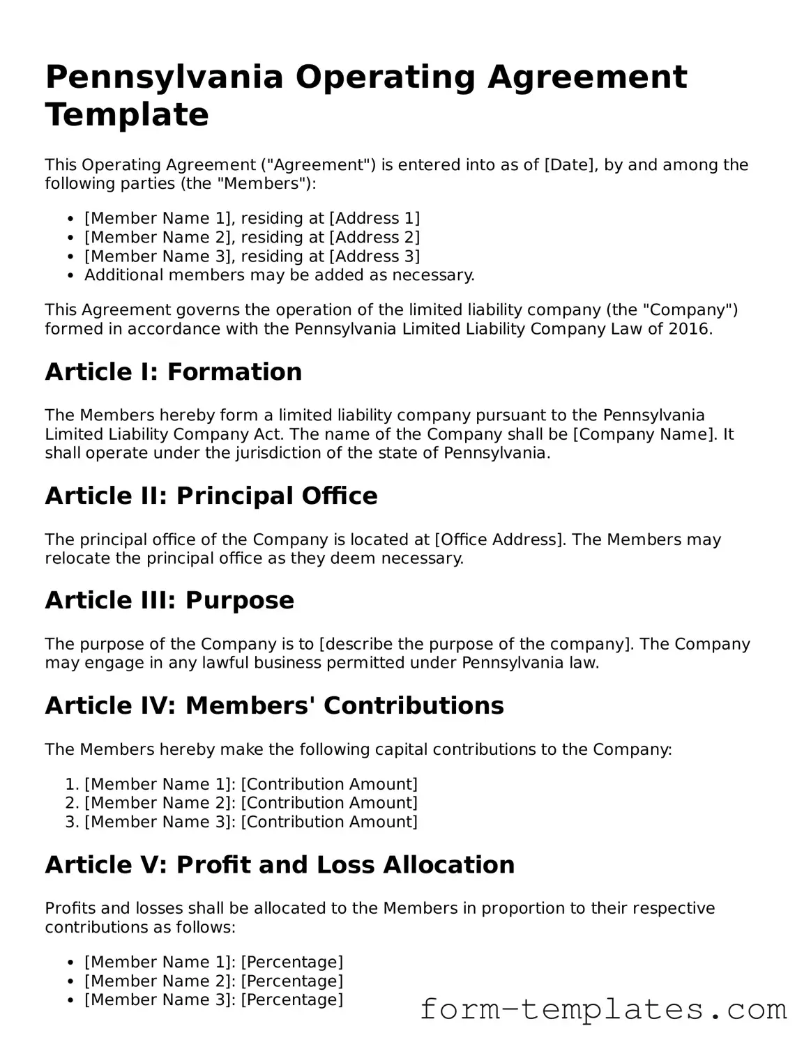 Printable Operating Agreement Form for the State of Pennsylvania