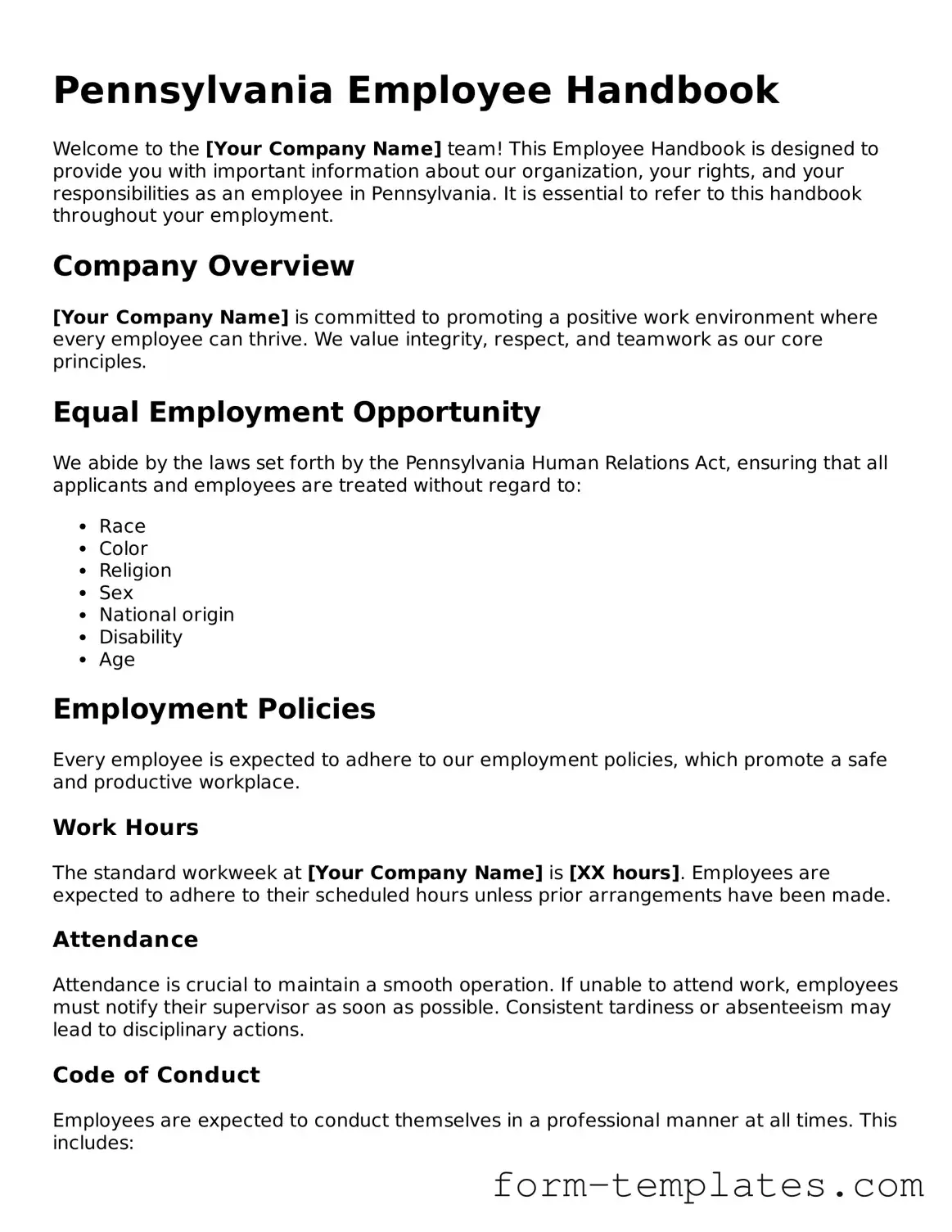 Printable Employee Handbook Form for the State of Pennsylvania