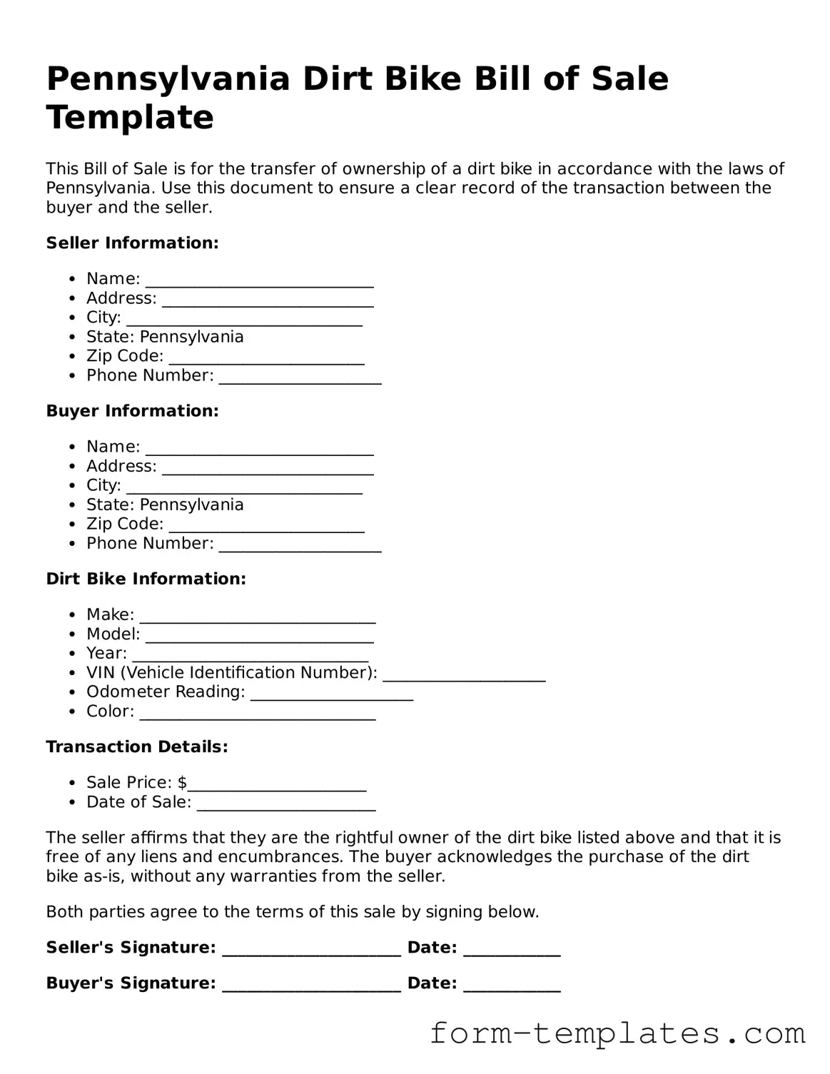 Printable Dirt Bike Bill of Sale Form for the State of Pennsylvania