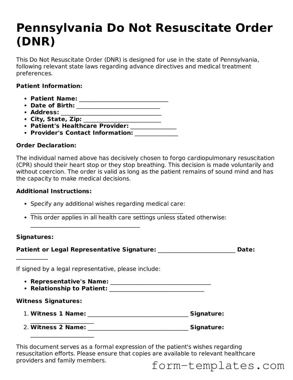 Printable Do Not Resuscitate Order Form for the State of Pennsylvania