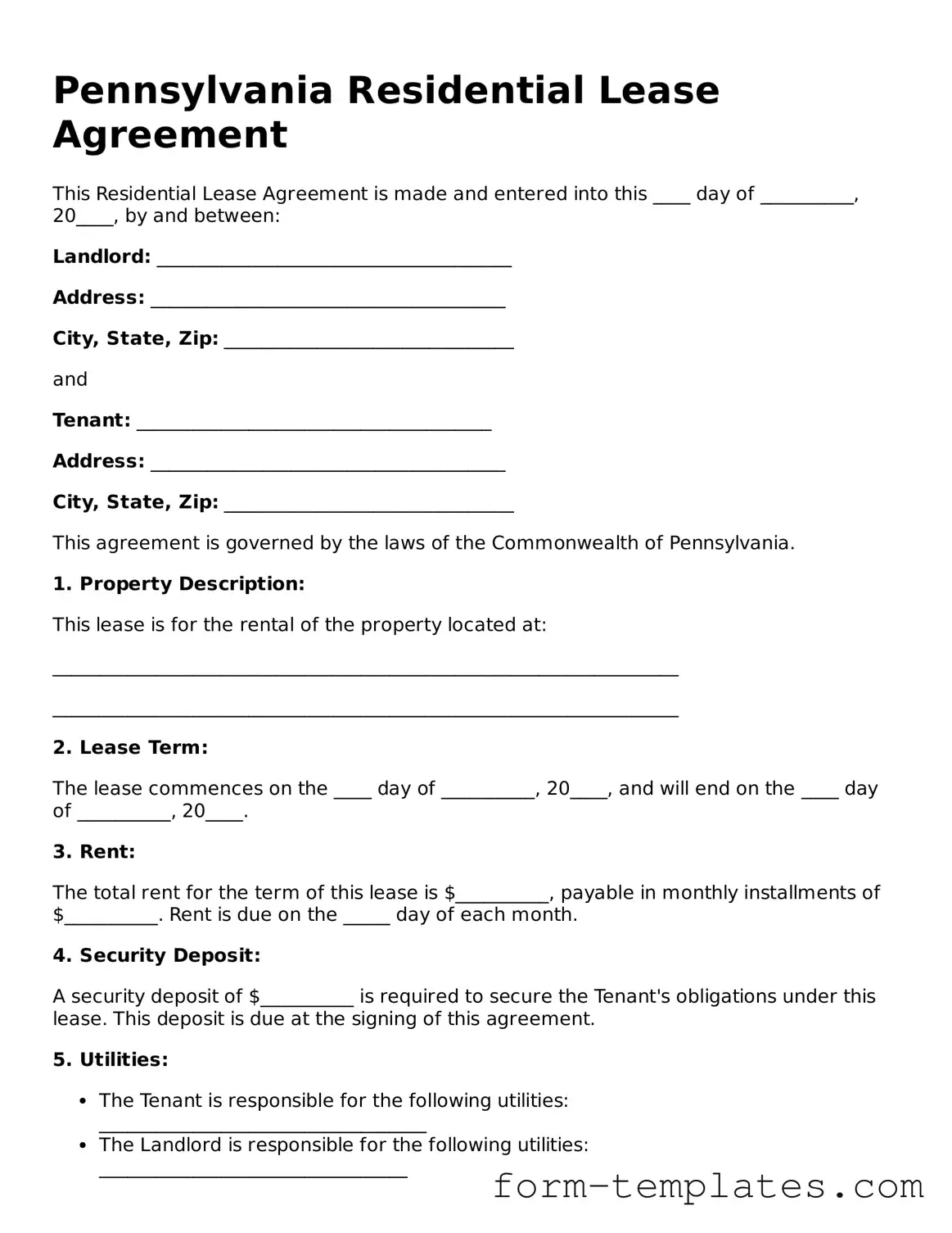 Printable Residential Lease Agreement Form for the State of Pennsylvania