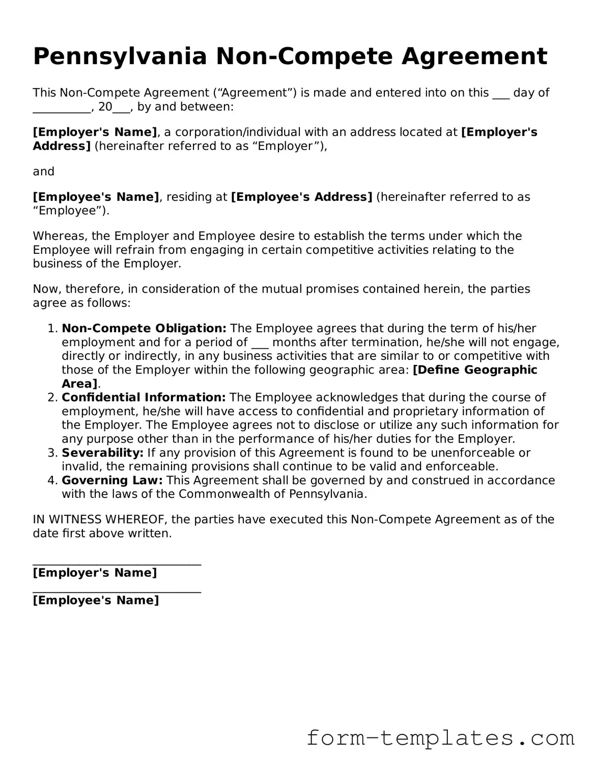 Printable Non-compete Agreement Form for the State of Pennsylvania