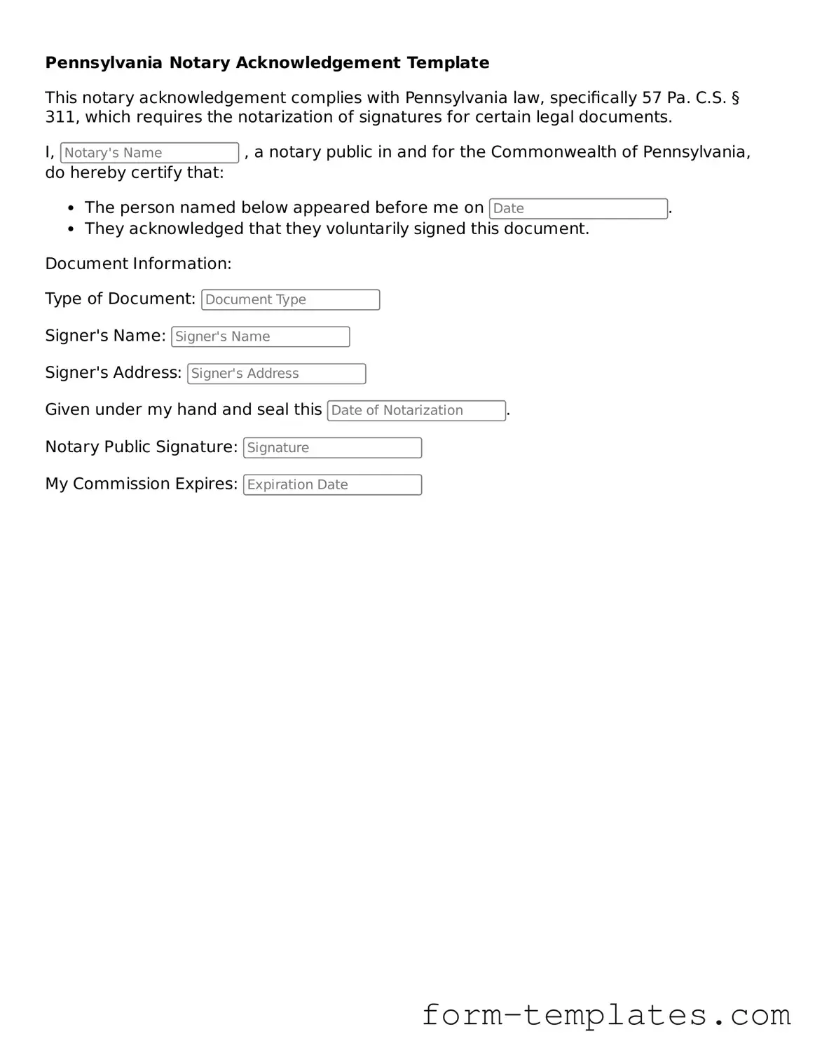 Printable Notary Acknowledgement Form for the State of Pennsylvania