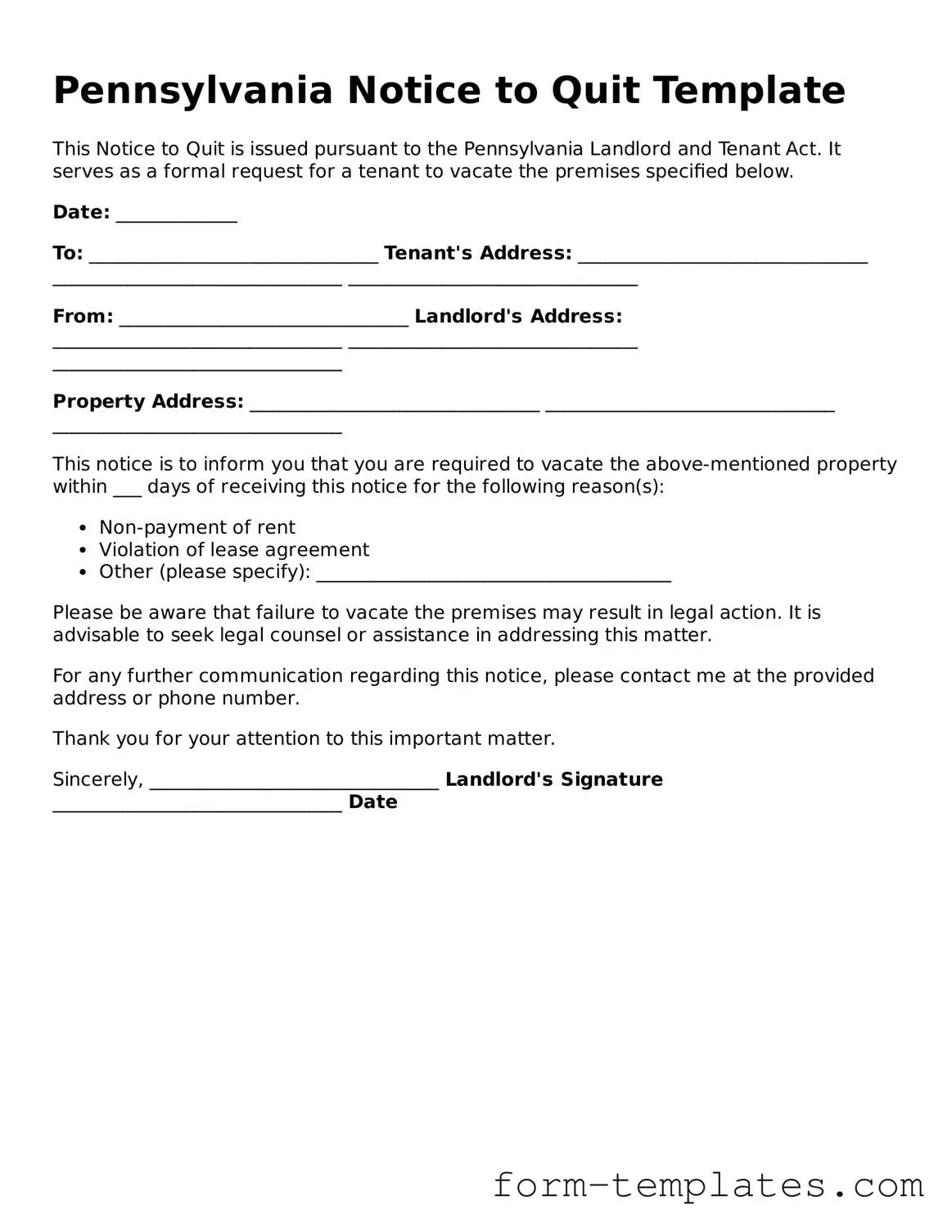 Printable Notice to Quit Form for the State of Pennsylvania