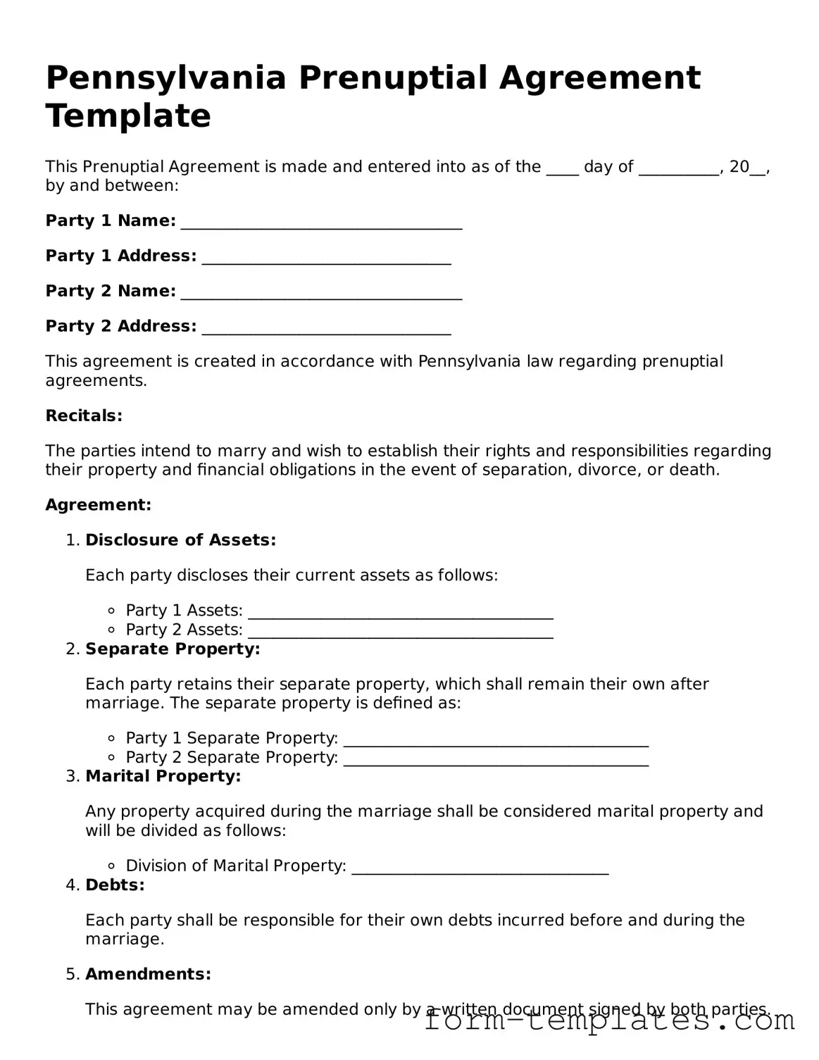 Printable Prenuptial Agreement Form for the State of Pennsylvania