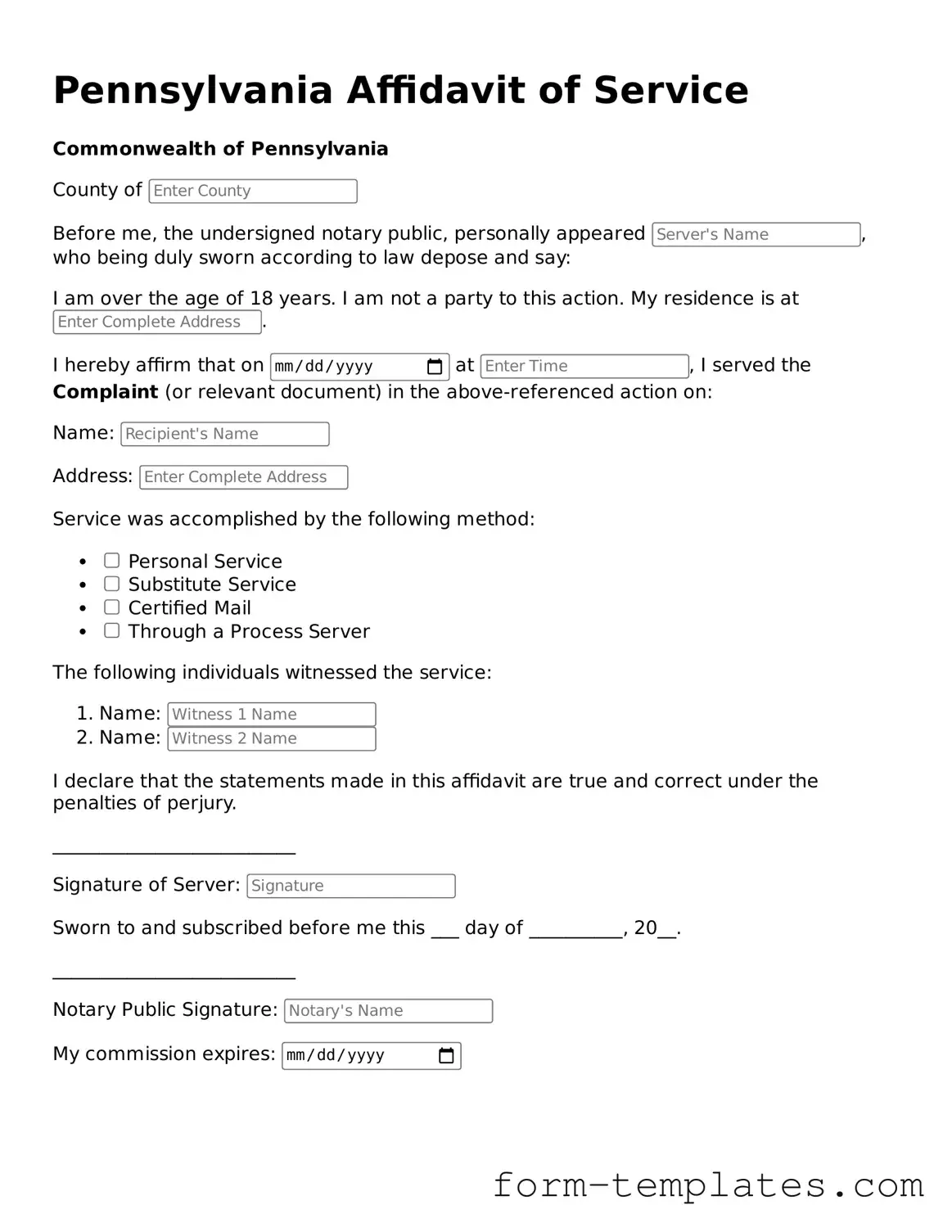 Printable Affidavit of Service Form for the State of Pennsylvania